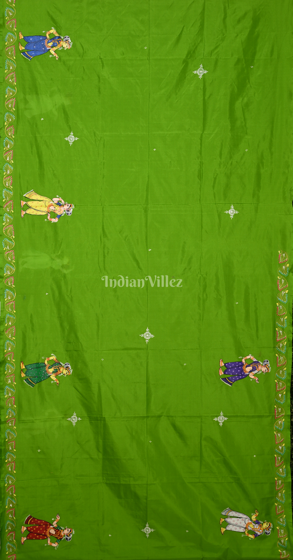 Green Radha Krishna Raas Leela Hand-Painted Pattachitra Saree 