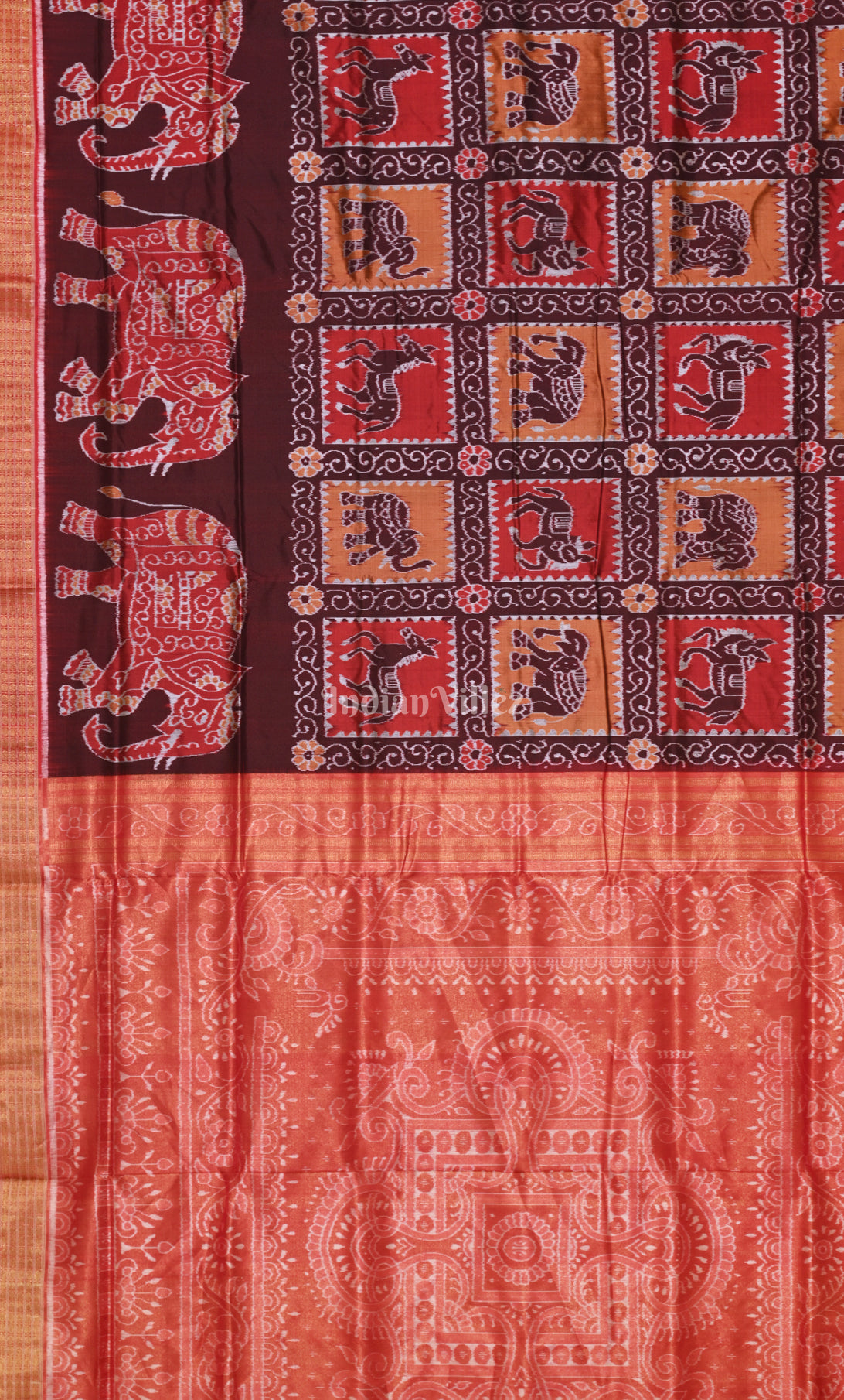 Coffee Red Elephant Motif Half Tissue Sambalpuri Silk Saree