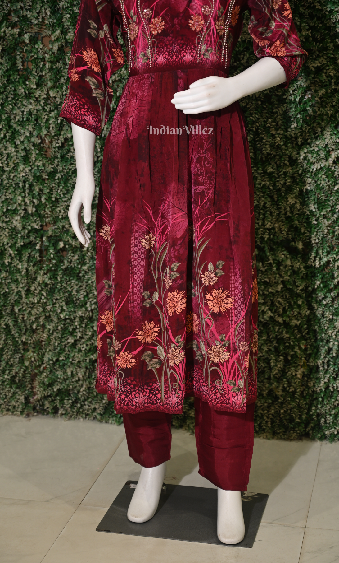 Wine Floral Print Kurta Plazzoo with Dupatta set 