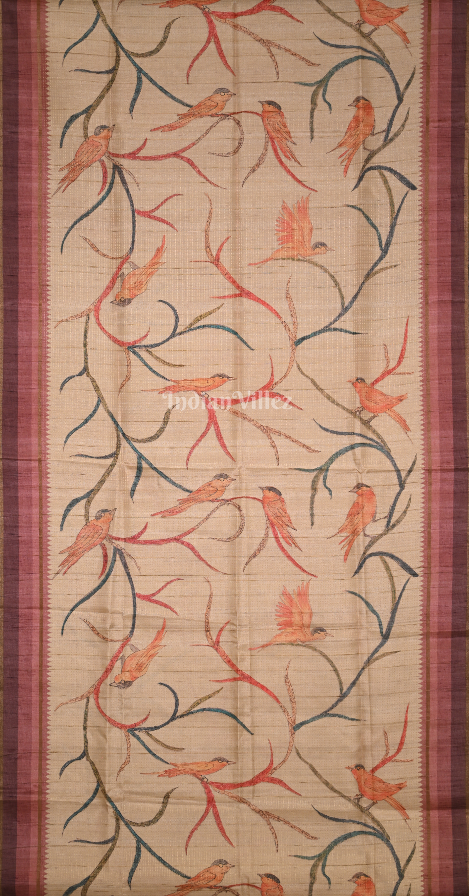 Sandal Maroon Bird Motif Pure Tussar Silk Saree