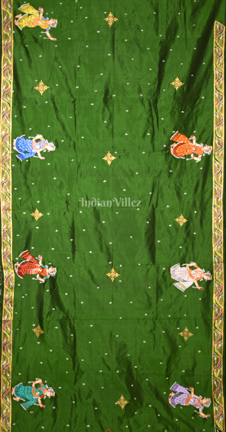 Green Beige Peacock (Mayur) & Nartaki Theme  Hand-Painted Pattachitra Saree 