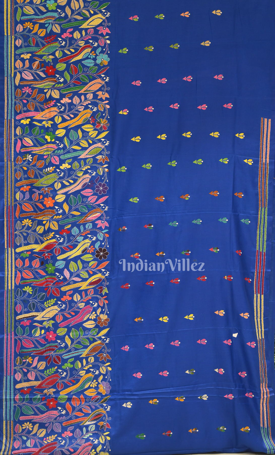 Royal Blue Flower Motif Handwoven Kantha Stitch Silk Saree 