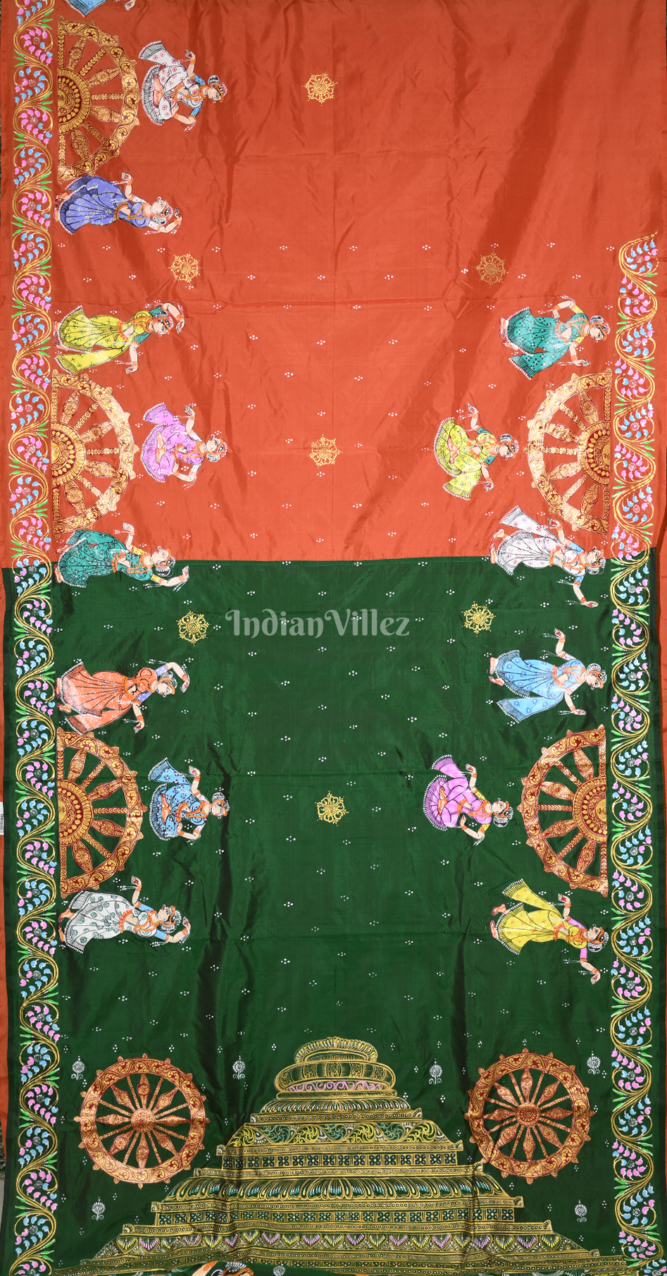Green Orange Nartaki Konark Temple Hand-Painted Pattachitra Saree 