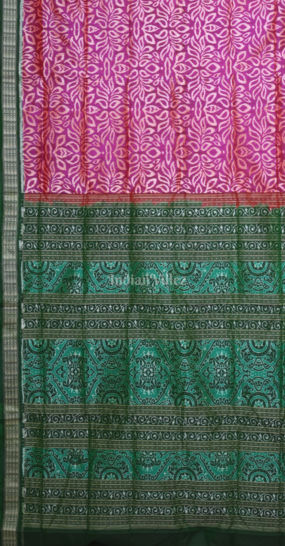 Rani Pink Green Paisley Motif Odisha Ikat Sambalpuri Silk Saree 