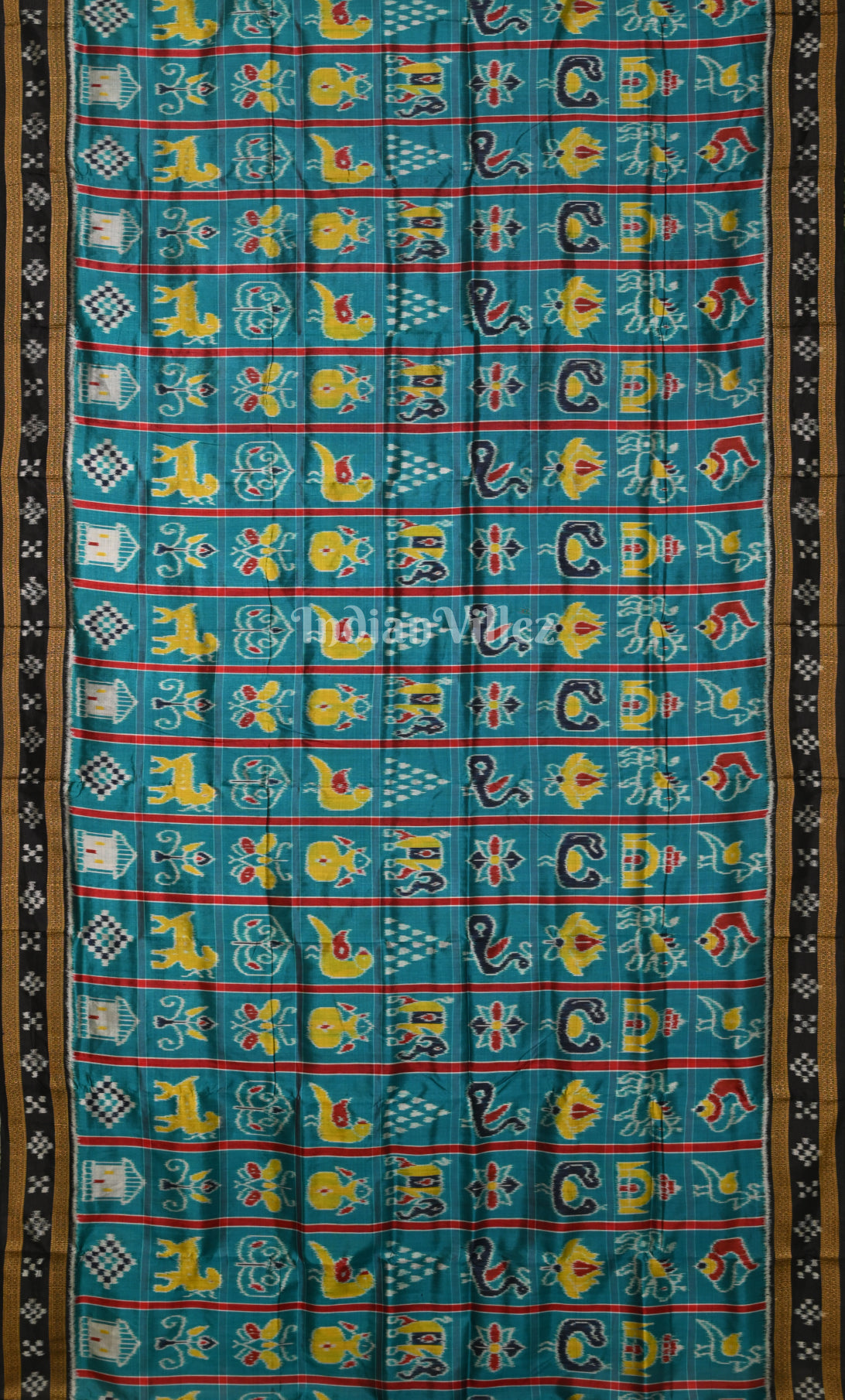 Teal Blue Black Nabakothi Odisha Ikat Khandua Silk Saree 