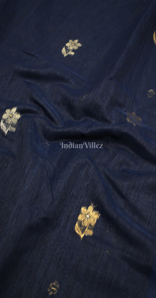 Blue Linen Cotton Saree with Gold Zari Floral Pallu