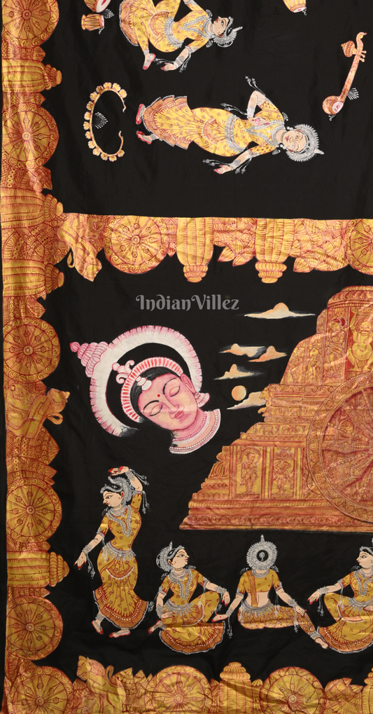 Black Golden Shree Mandir Odishi Theme Hand-Painted Pattachitra Saree 