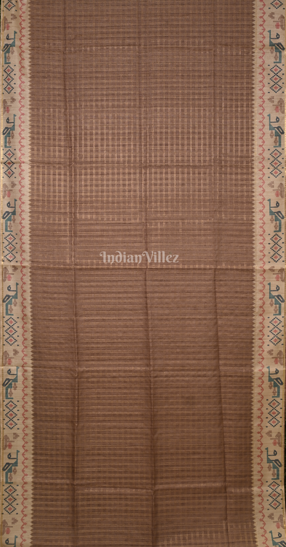 Light Brown Beige Tusasr Silk Saree with Embroidery Work