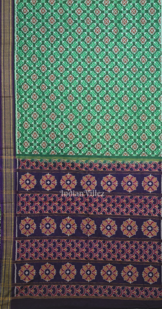 Green Blue Floral Motif Odisha Ikat Sambalpuri Cotton Saree