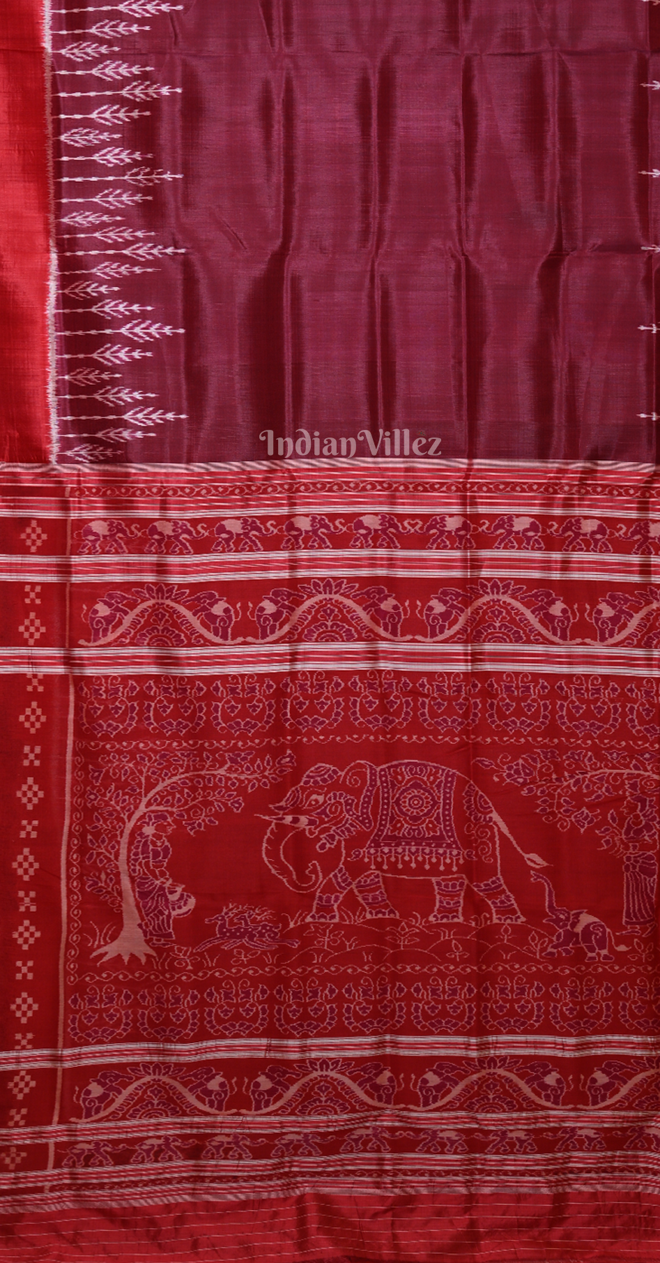 Wine Red Odisha Ikat Contemporary Designer Saree with Elephant Anchal