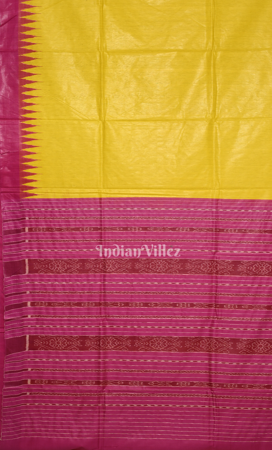 Yellow Gopalpur Tussar Silk Saree with Pink Temple Border & Anchal