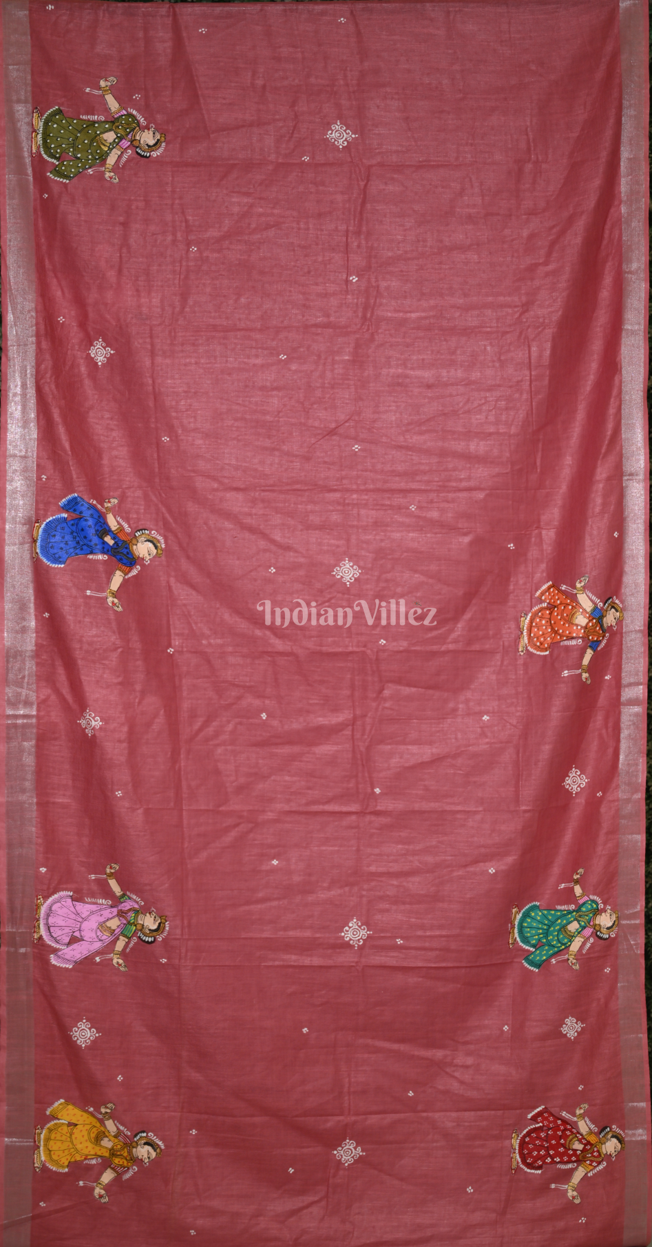 Red Raja Doli Theme  Hand-Painted Pattachitra Saree (Linen) 