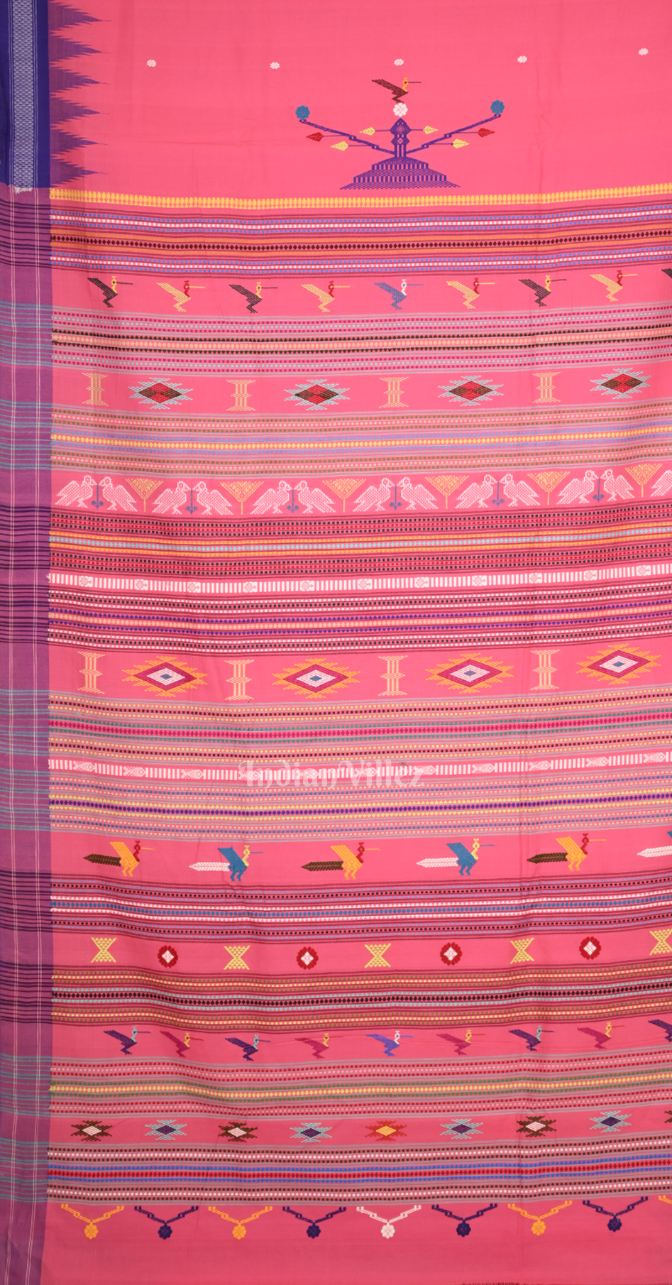 Pink Blue Border Ganjam Bomkai Cotton Saree 