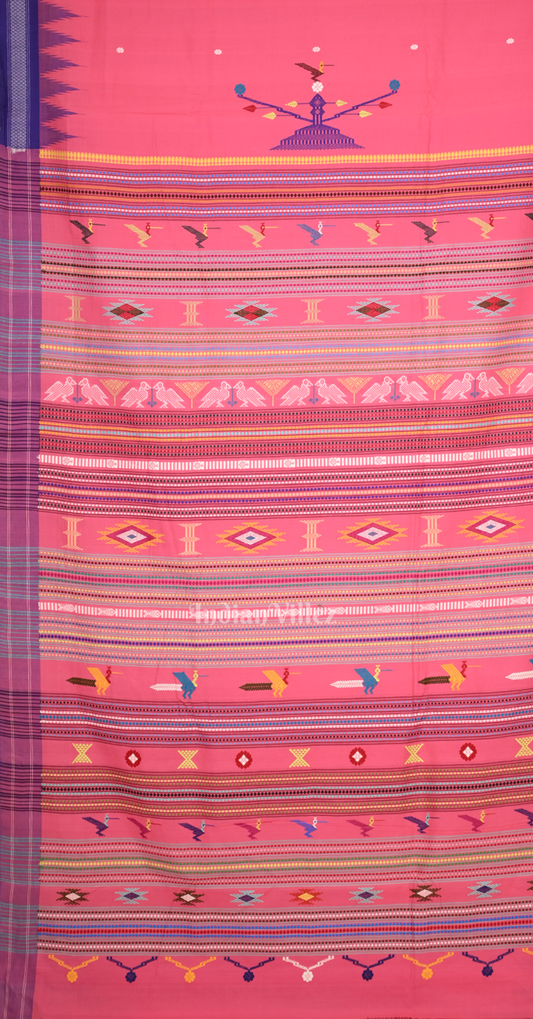 Pink Blue Border Ganjam Bomkai Cotton Saree 