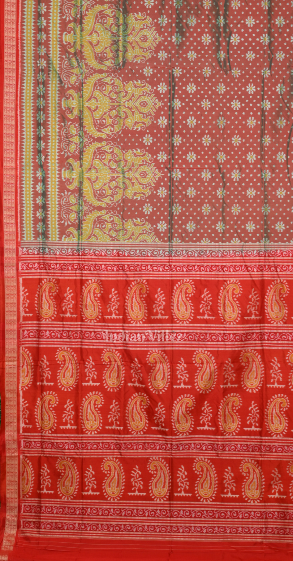 Turquoise Red Tree Scot Odisha Ikat Sambalpuri Silk Saree