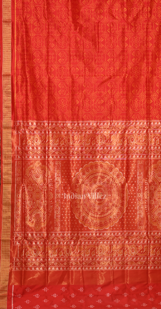 Exclusive Red  Sankha & Flower Motif Half Tissue Odisha Ikat Sambalpuri Silk Saree