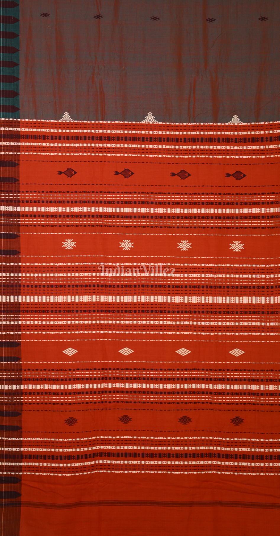Teal Green Orange Stripes Odisha Handloom Natural Dye Kotpad Cotton Saree