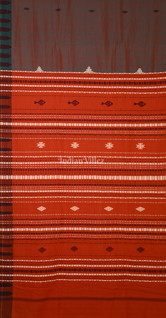 Teal Green Orange Stripes Odisha Handloom Natural Dye Kotpad Cotton Saree