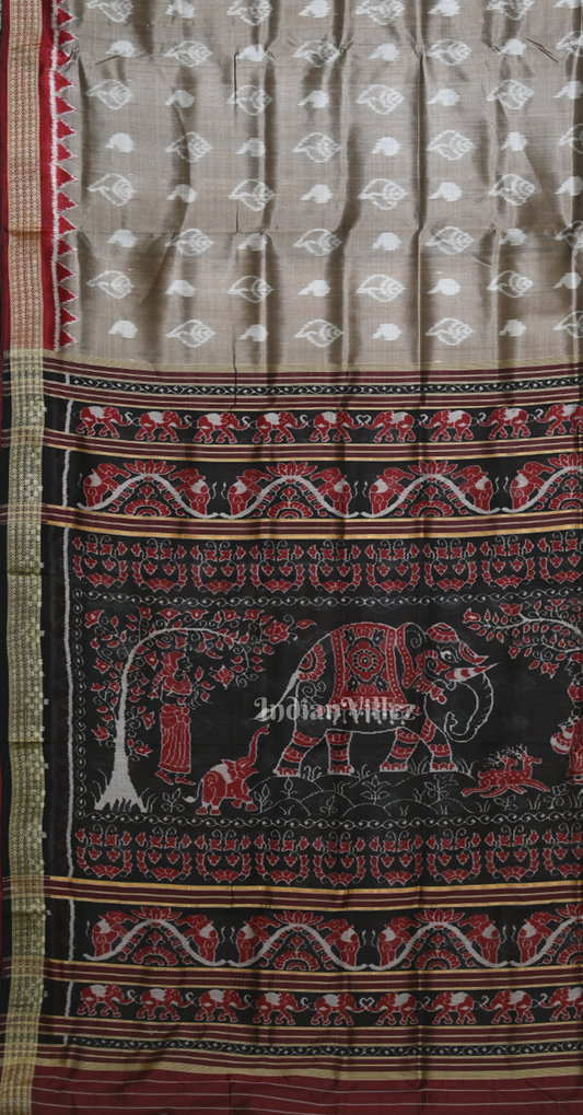 Ash Grey Maroon Odisha Ikat Sambalpuri Silk Saree with Elephant Anchal