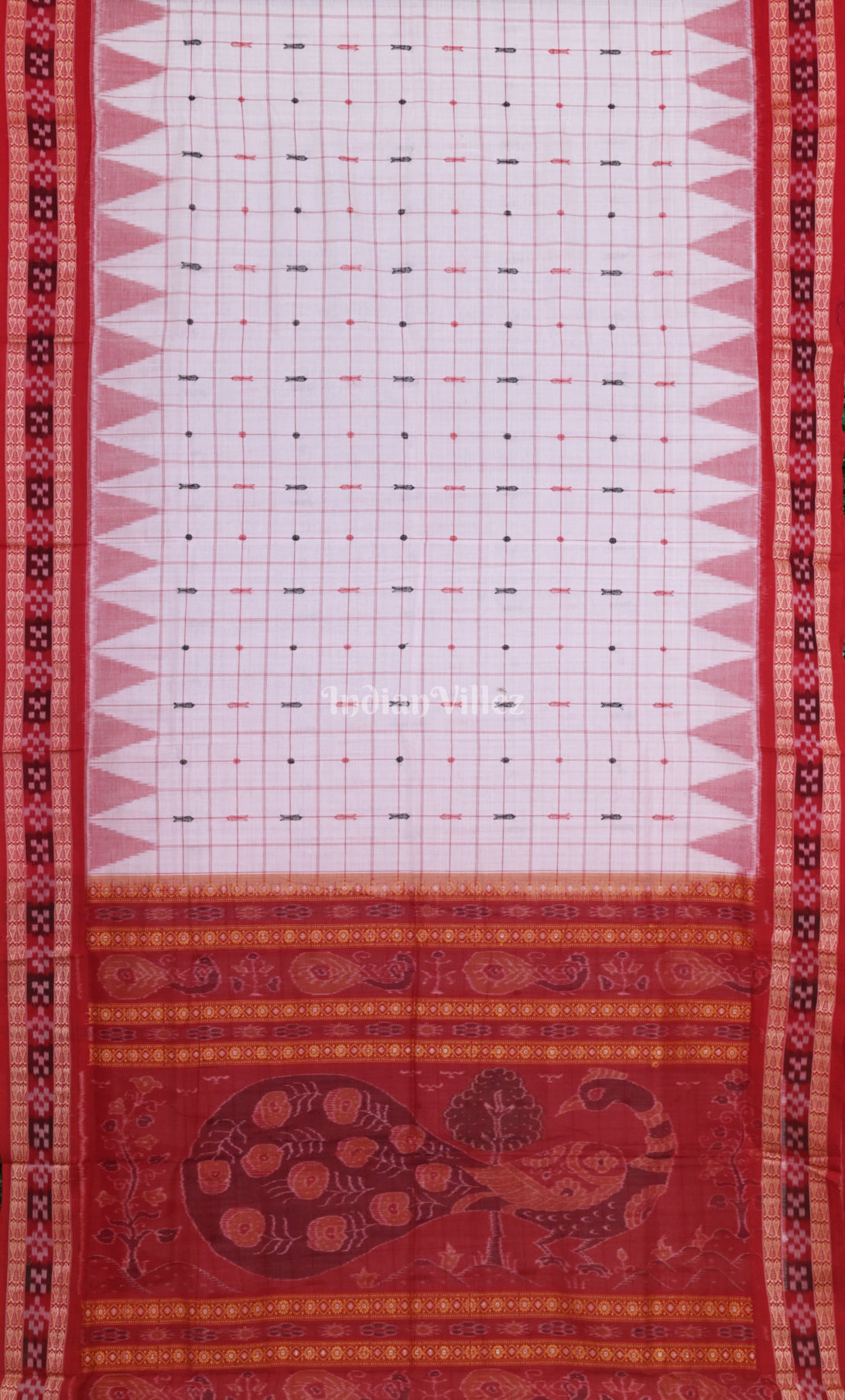 White Red Pasapali Border Odisha Ikat Sambalpuri Cotton Saree 