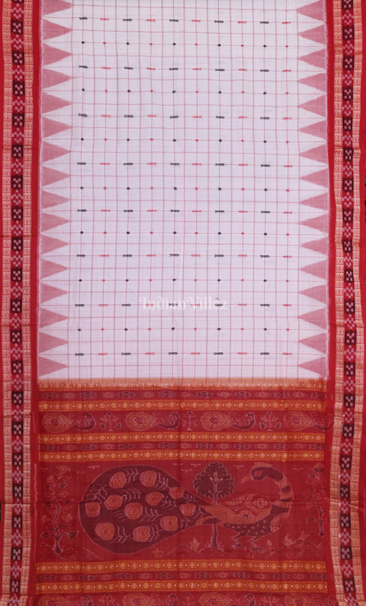 White Red Pasapali Border Odisha Ikat Sambalpuri Cotton Saree 