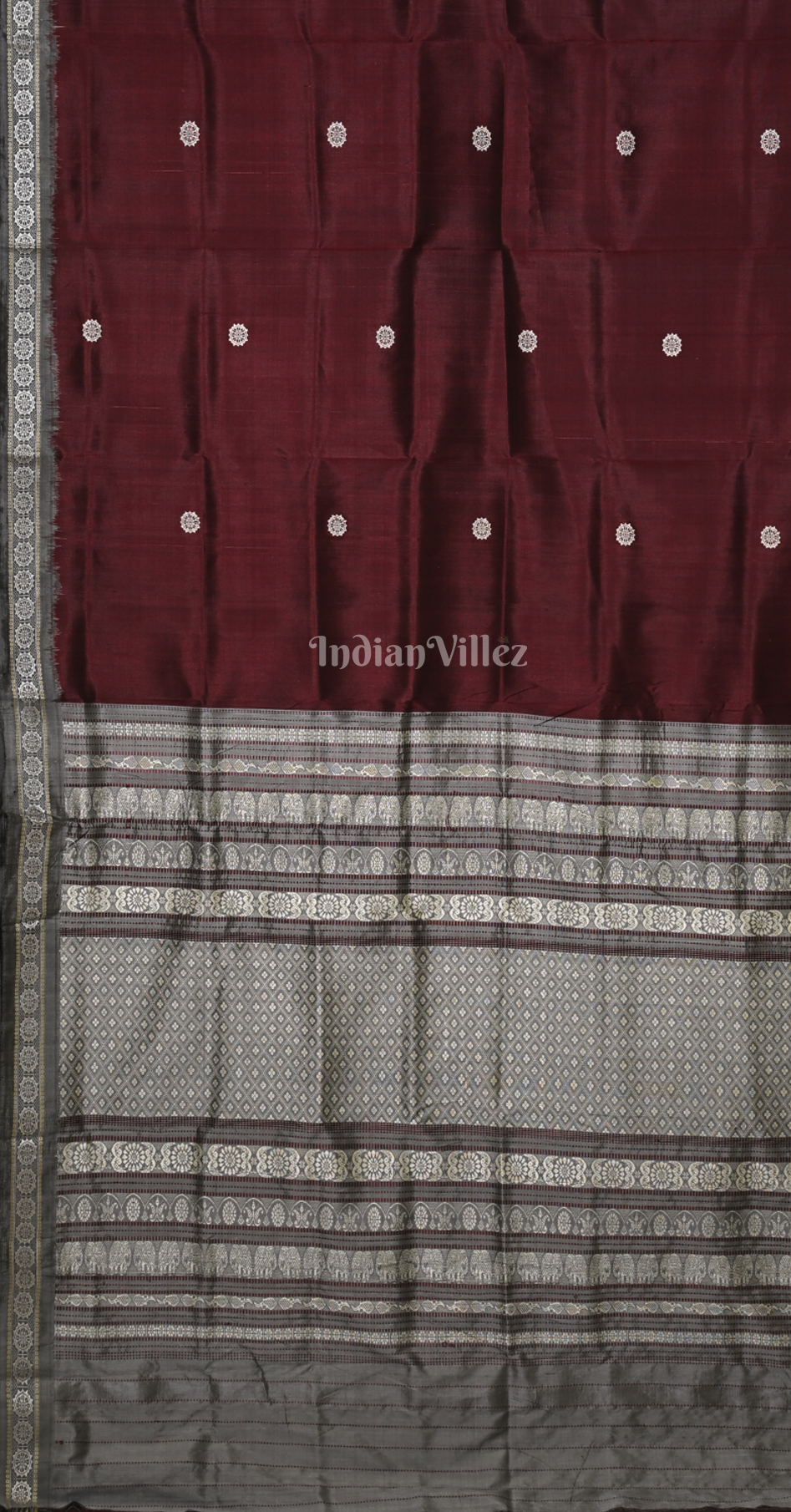 Maroon Cement Grey Siminoi Odisha Ikat Khandua Silk Saree 
