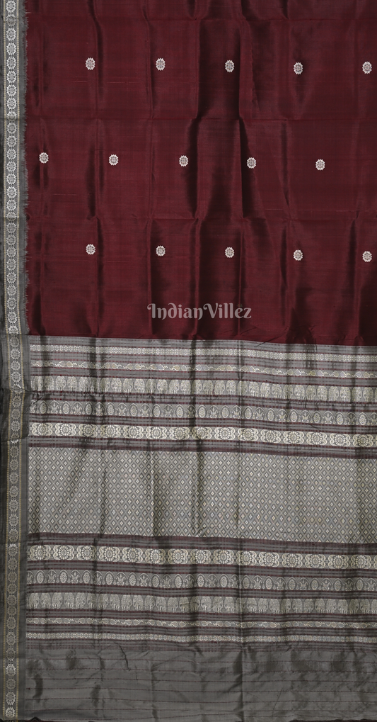 Maroon Cement Grey Siminoi Odisha Ikat Khandua Silk Saree 