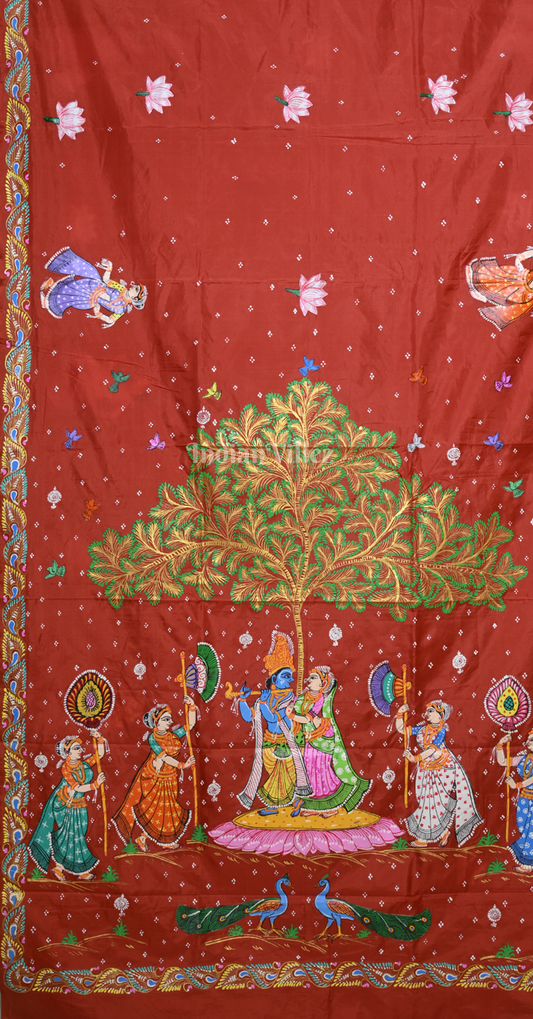 Maroon  Krishna  Raas Leela Hand-painted Pattachitra Saree 
