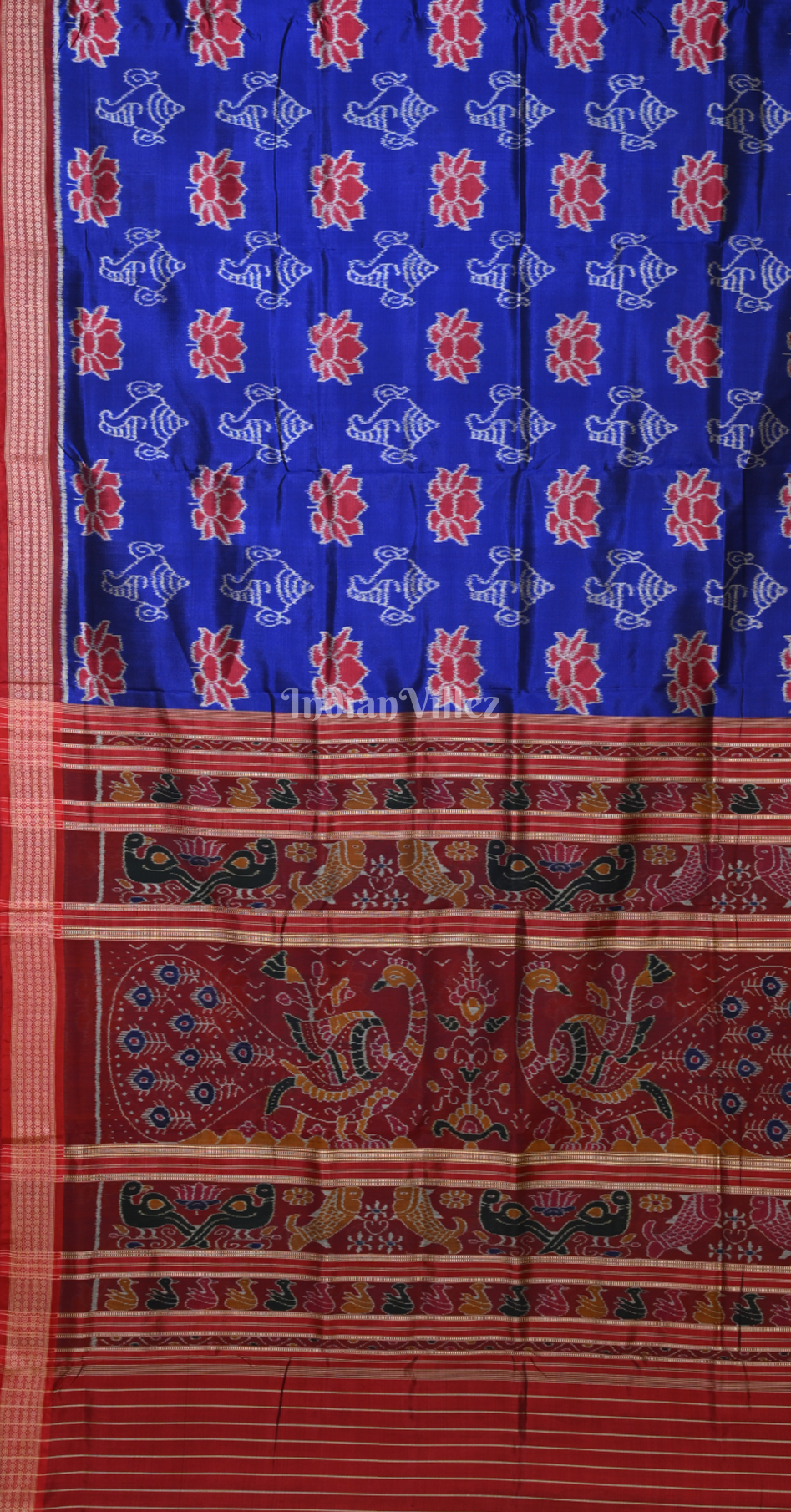 Blue Red Sankha Lotus Motif Odisha Ikat Sambalpuri Silk Saree