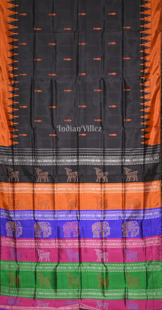 Black Rust Orange Fish Motif Double Pallu Berhampuri Silk Saree 