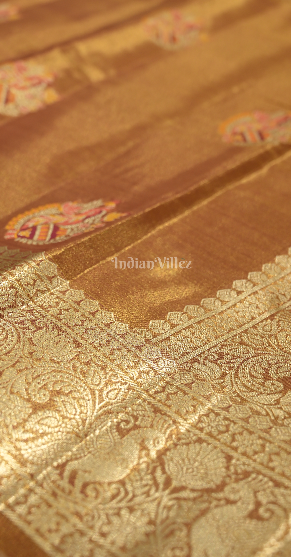 Copper Brown Golden Pure Kanjivaram Tissue Silk Saree 
