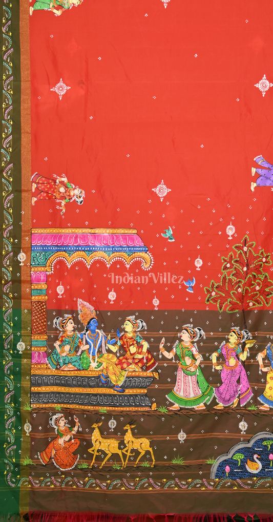 Orange Krishna Raas Leela Hand-Painted Pattachitra Saree 