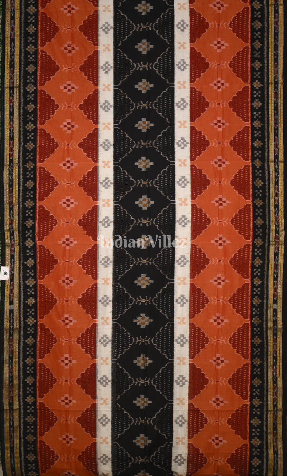 Orange Black Pasapali Odisha Ikat Sambalpuri Cotton Saree 