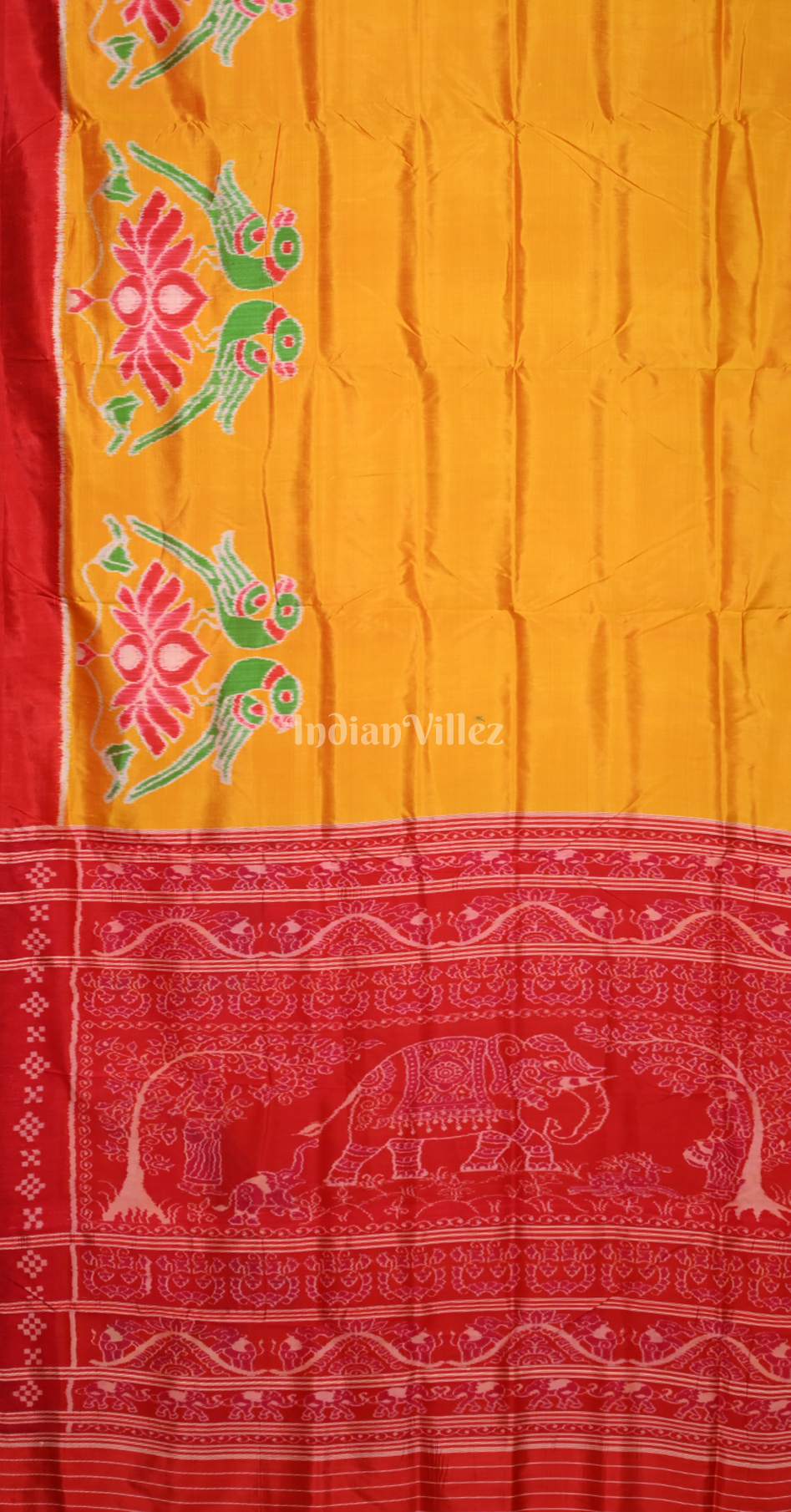 Mustard Yellow Red Lotus Parrot Theme Contemporary Designer Silk Saree