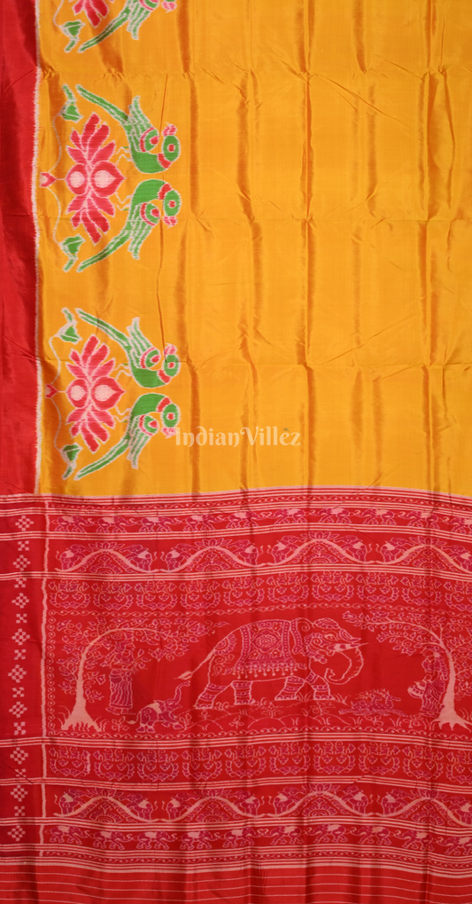 Mustard Yellow Red Lotus Parrot Theme Contemporary Designer Silk Saree