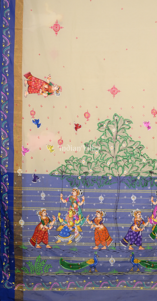 Cream Blue Raja Doli Theme Hand-Painted Pattachitra Saree 