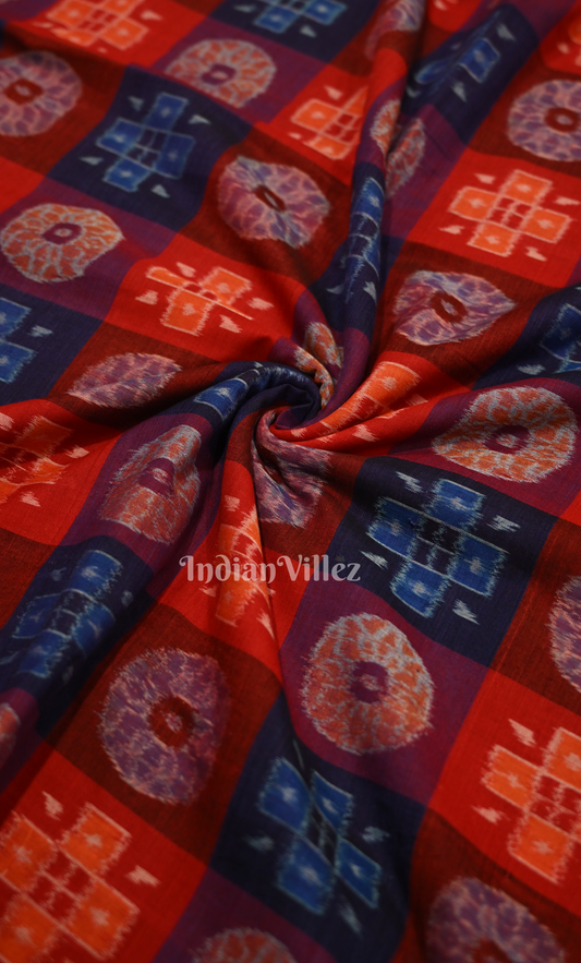 Red Blue Utkala Laxmi Odisha Ikat  Sambalpuri Cotton Fabric