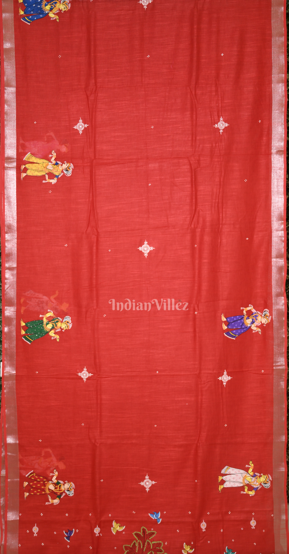 Red Radha Krishna Theme Hand-Painted Pattachitra Saree (Linen) 