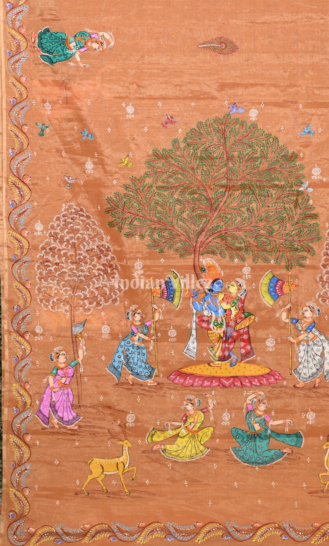 Light Orange Krishna Rasa Leela Hand-Painted Pattachitra Saree