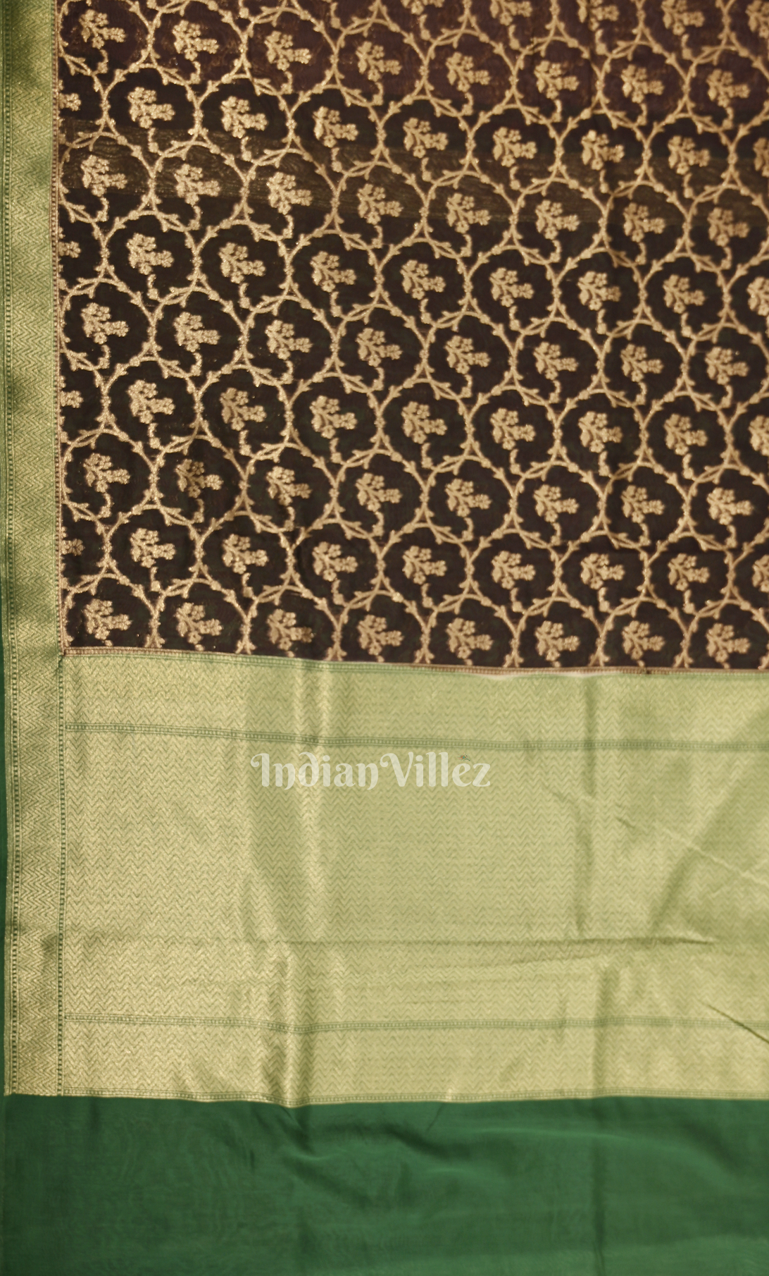 Black Green Floral Work Pure Mashru Satin Silk Banarasi Saree 