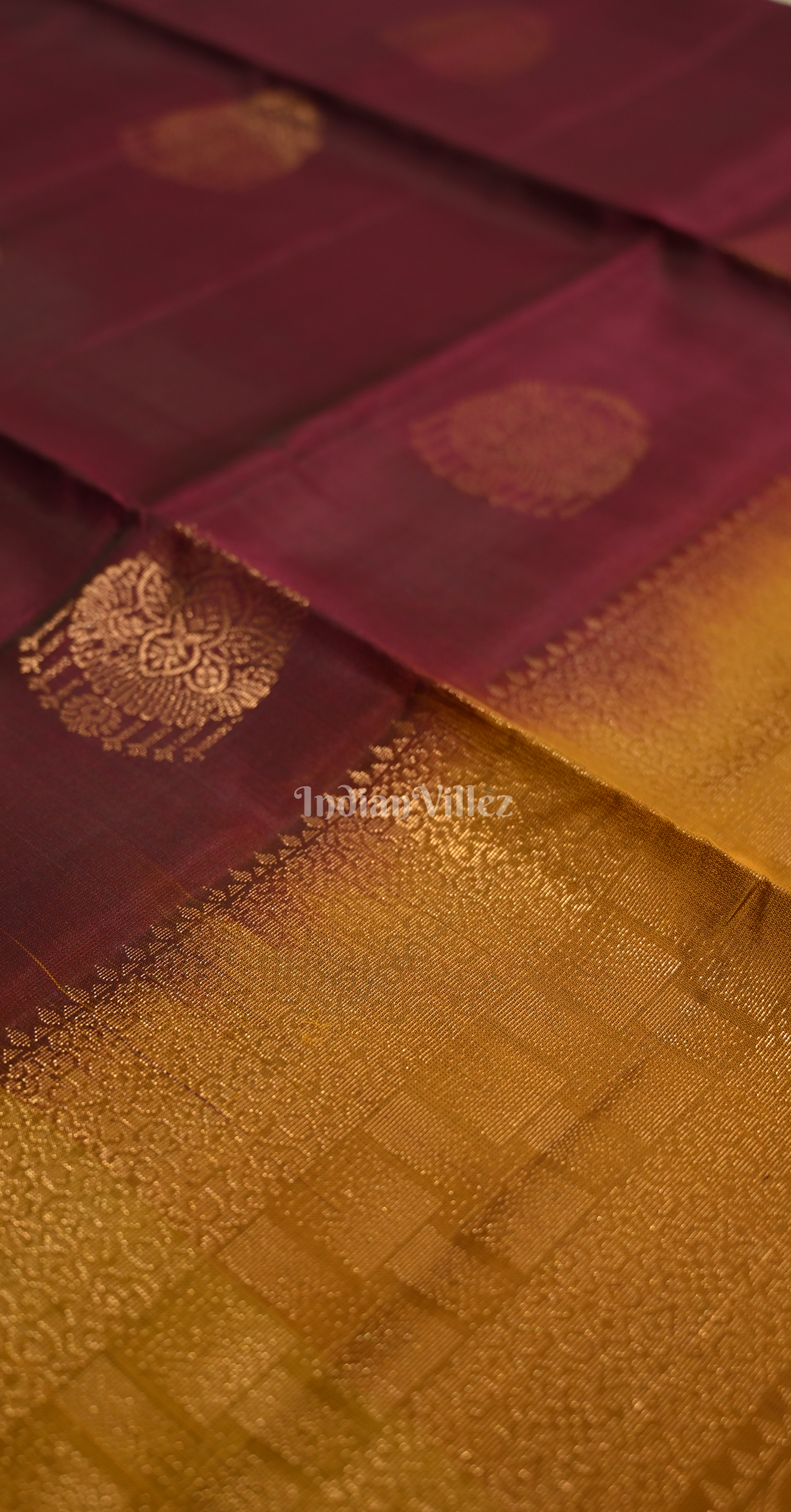 Wine Mustard Yellow Zari Pure Kanjivaram Soft Silk Saree