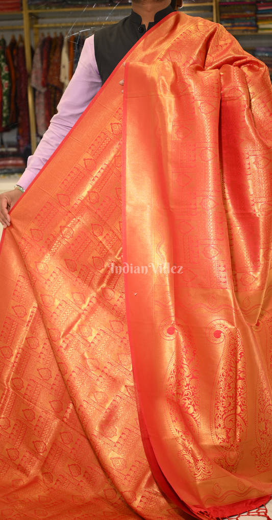 Red Royal Jacquard Tissue Banarasi Self Weaving with all over body work
