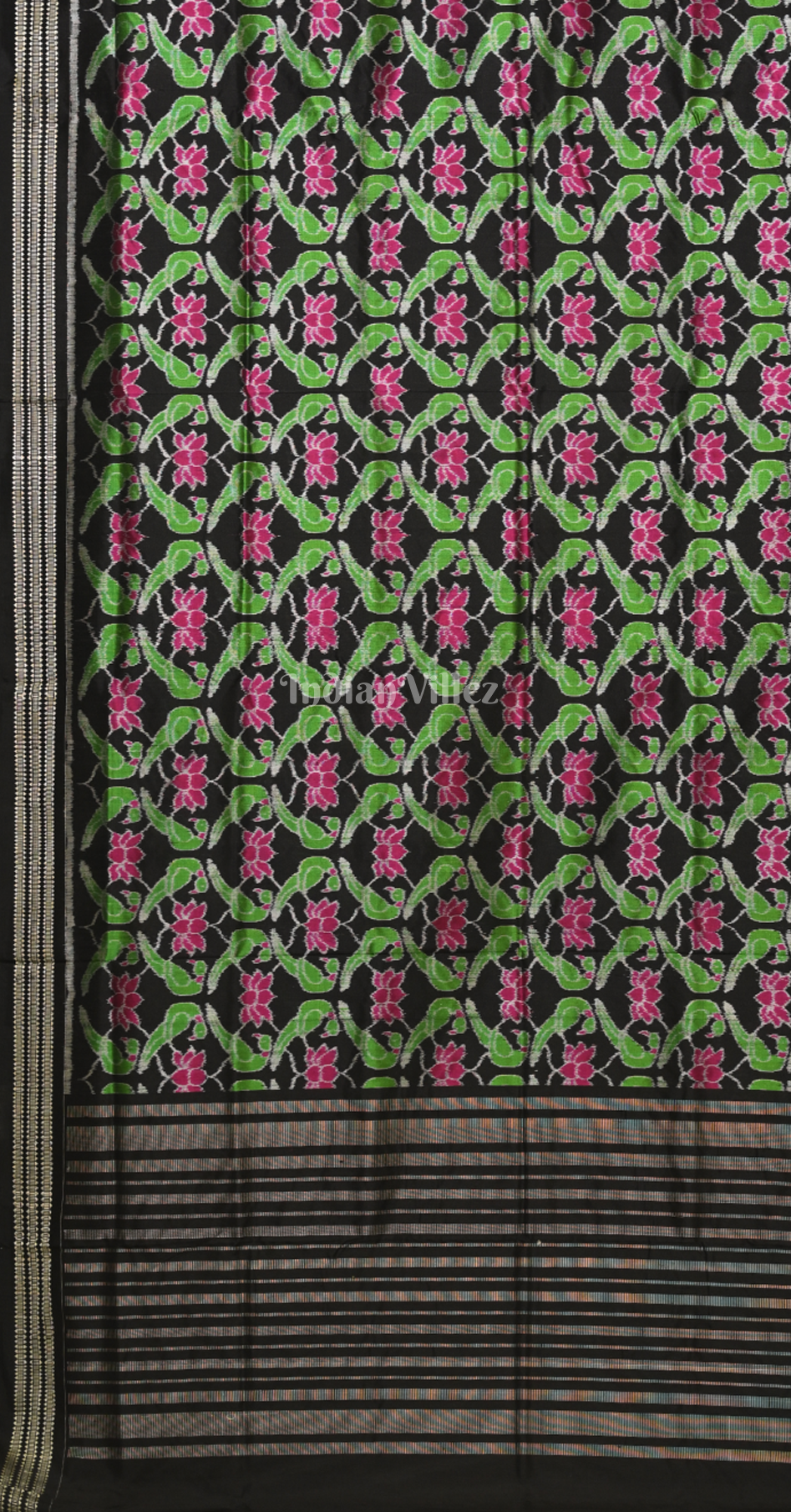 Green Black Lotus Parrot Motif Odisha Ikat Sambalpuri Silk Saree 