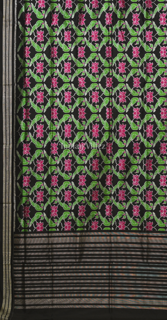 Green Black Lotus Parrot Motif Odisha Ikat Sambalpuri Silk Saree 