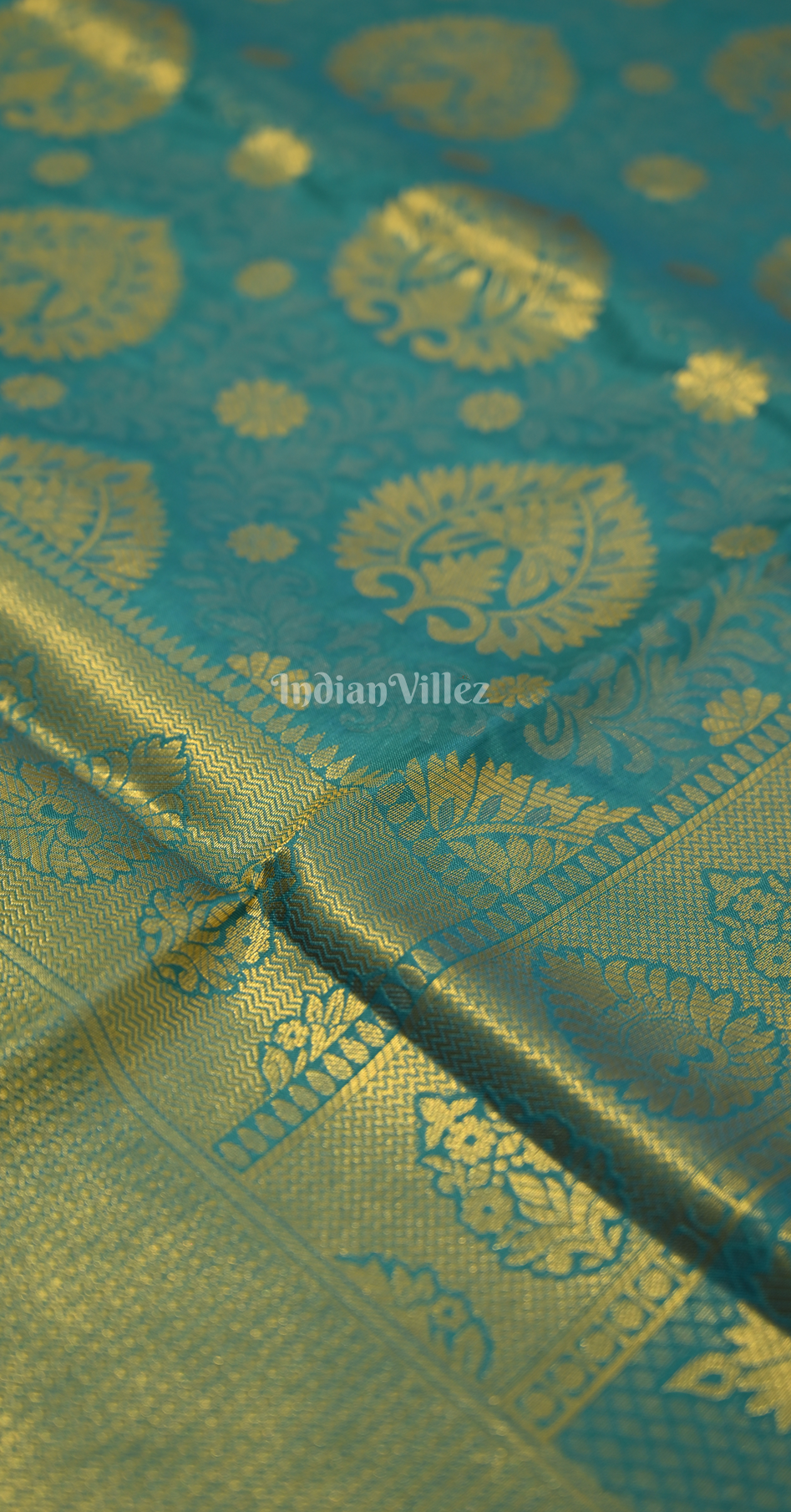 Teal Blue Floral Design Kanjivaram Silk Saree with Brocade Work