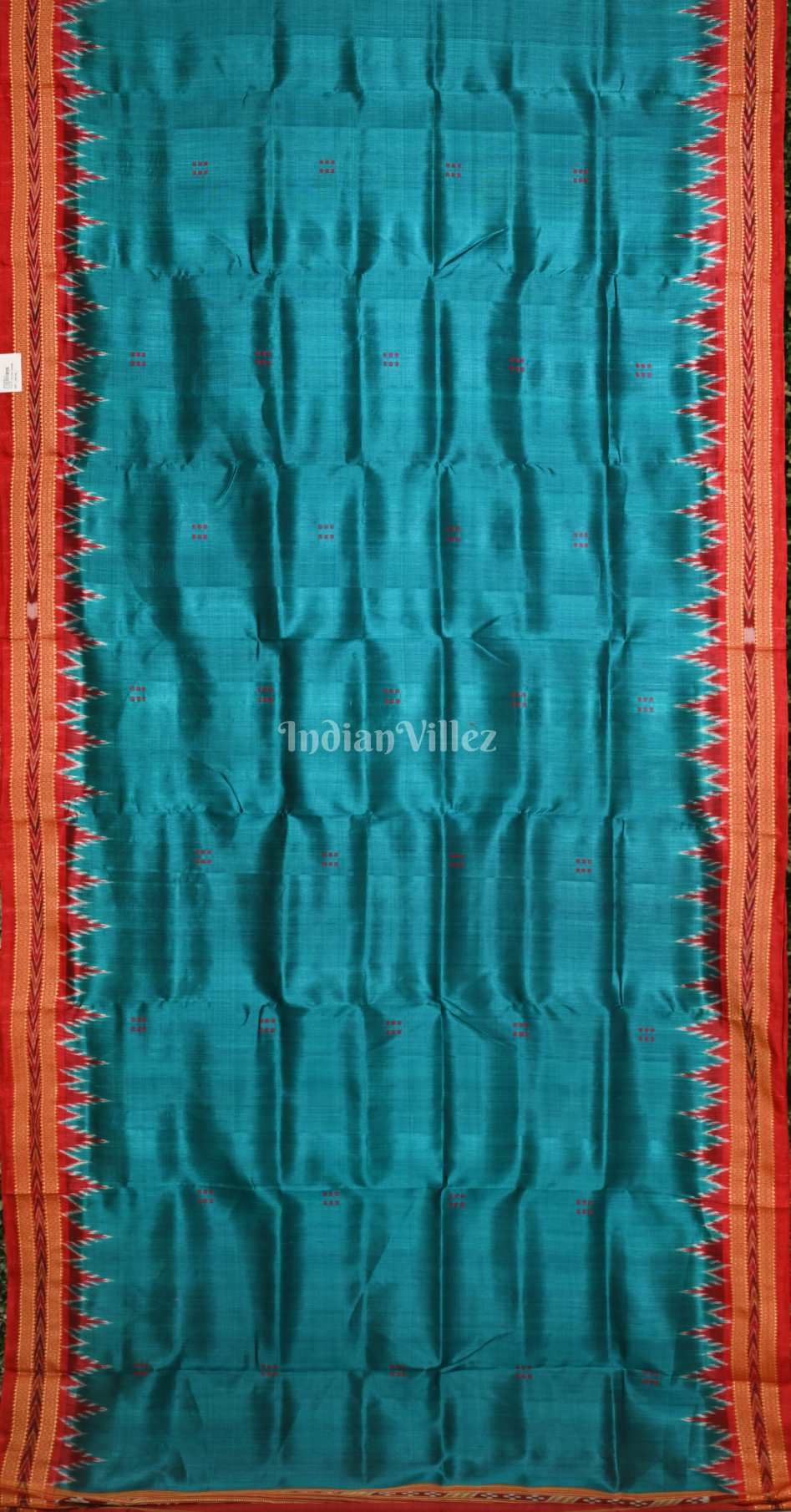 Teal Blue Red Buti Design Odisha Ikat Khandua Silk Saree 