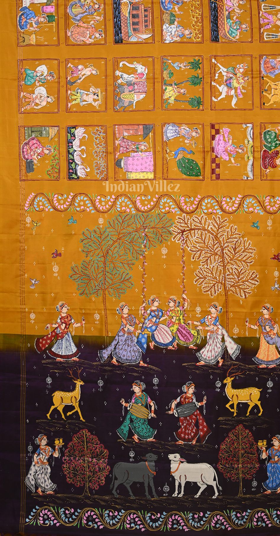 Mustard Yellow Purple Village Theme Hand- Painted Pattachitra Saree