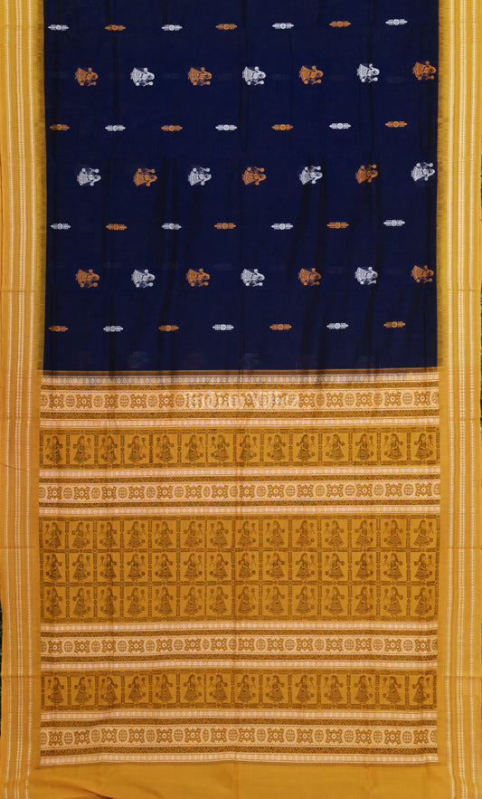 Blue Yellow Doll Theme Odisha Ikat Bomkai Cotton Saree