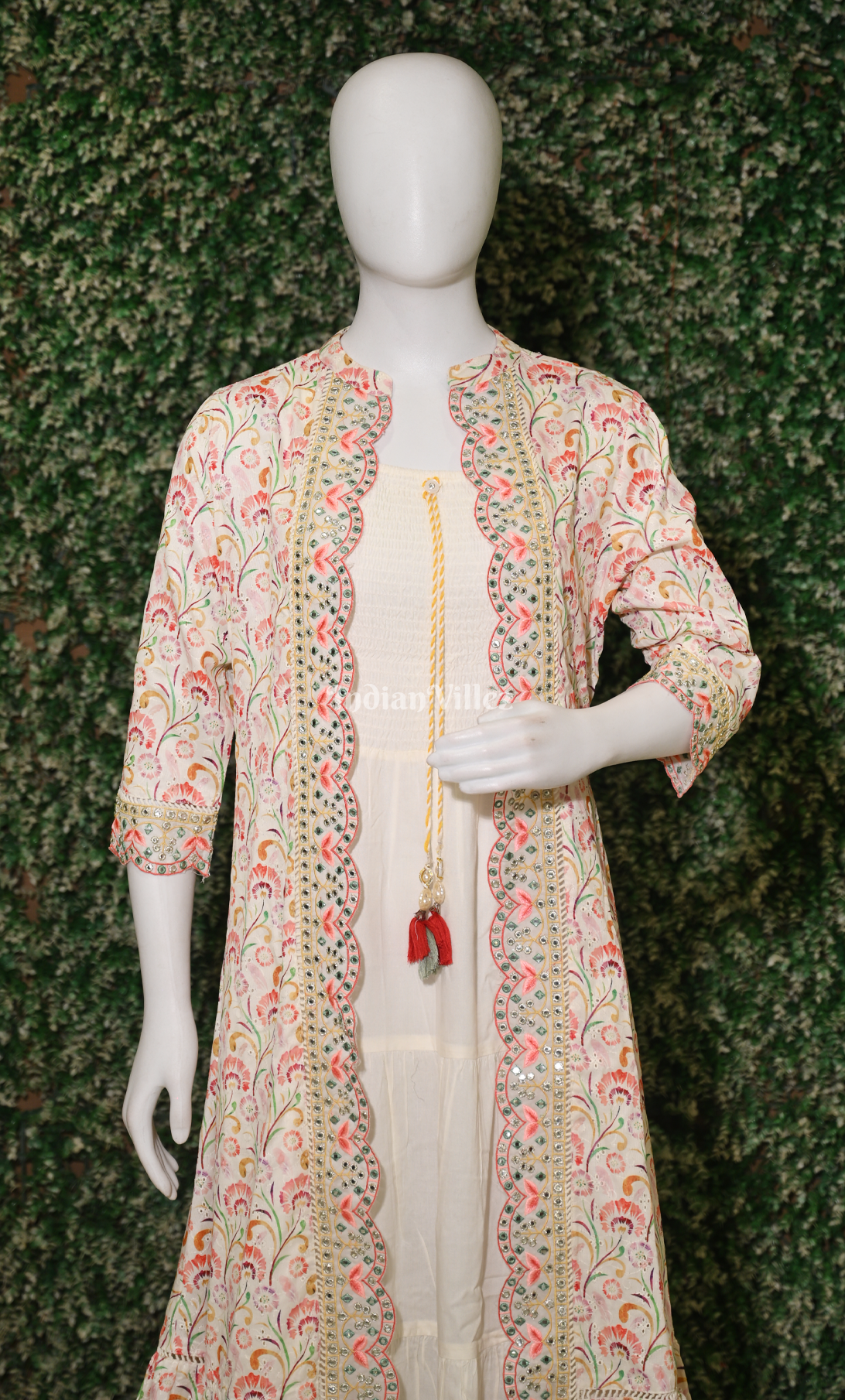 Off-White Cotton Floral Print Sleeveless Middi Frock with Shrug