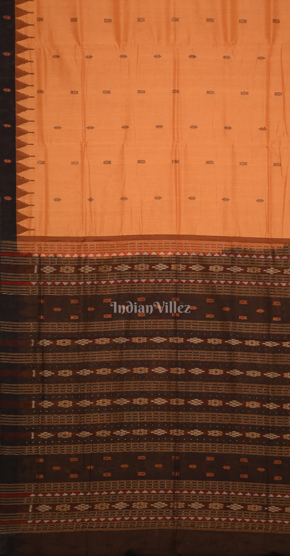 Rust Orange Black Fish Motif Odisha Ikat Bomkai Cotton Saree 
